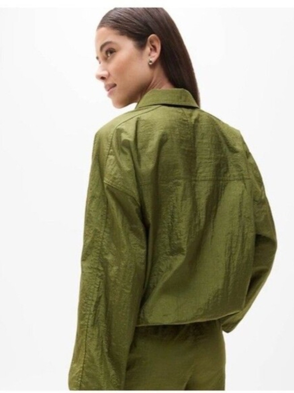 ATHLETA womens Lightweight Lunar Sheen Shirt Snap Button Jacket Olive Green L